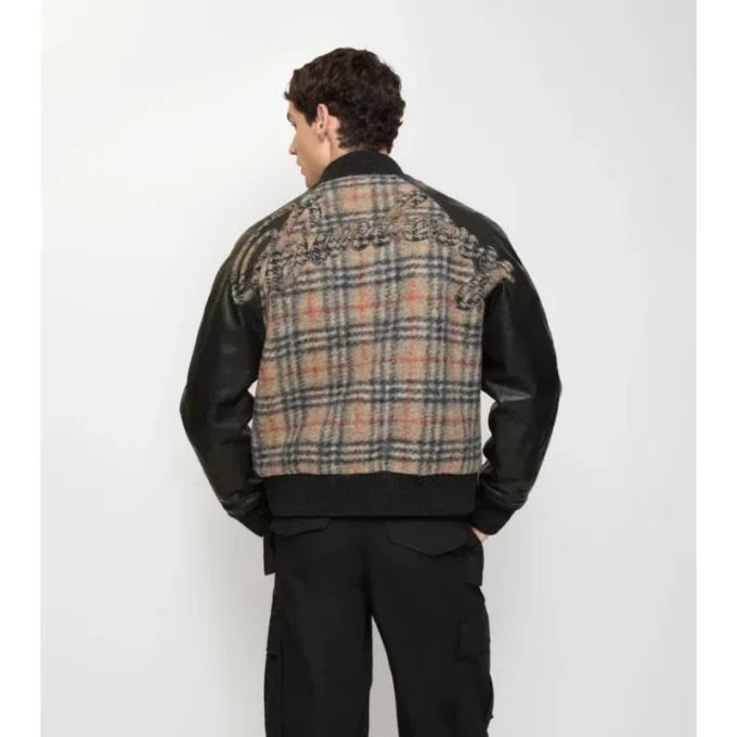 Bomberjacke aus Wolle und Leder mit Karomuster