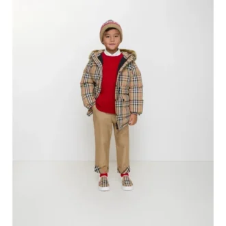 Daunenmantel aus Nylon mit Karomuster und Kunstfellbesatz