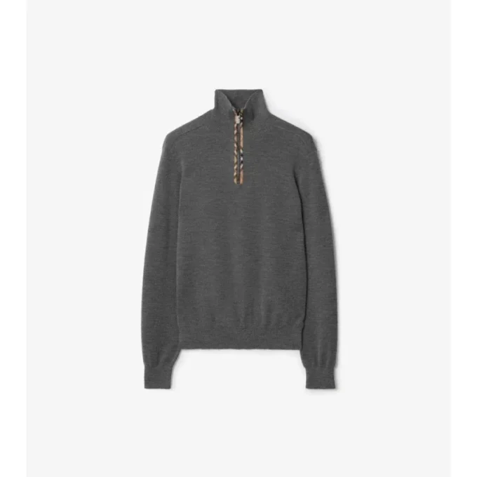 Karierter Wollpullover mit halbem Reißverschluss