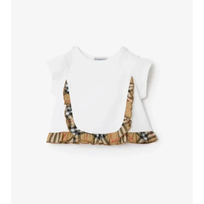 Kariertes Stretch-Baumwoll-T-Shirt mit Rüschen