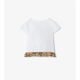 Kariertes Stretch-Baumwoll-T-Shirt mit Rüschen