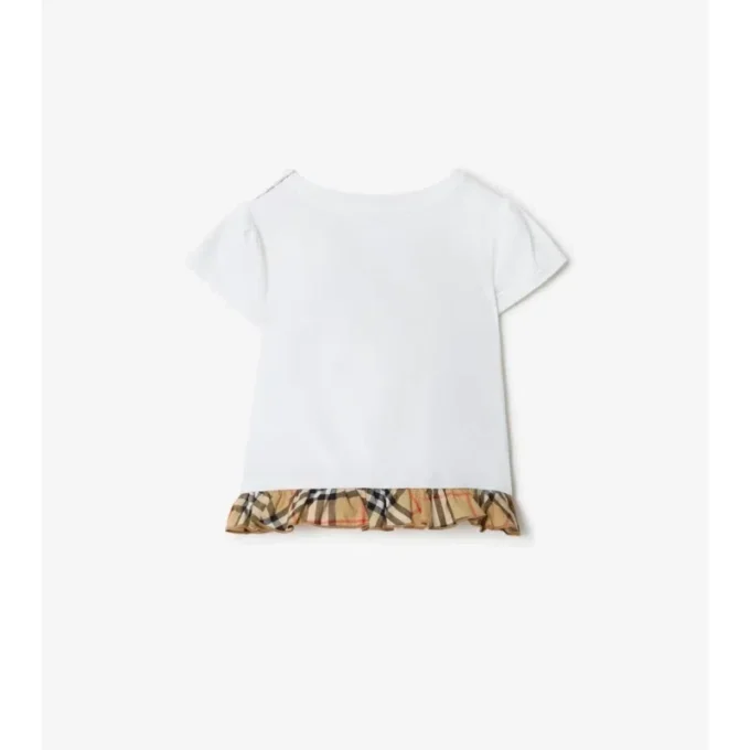 Kariertes Stretch-Baumwoll-T-Shirt mit Rüschen