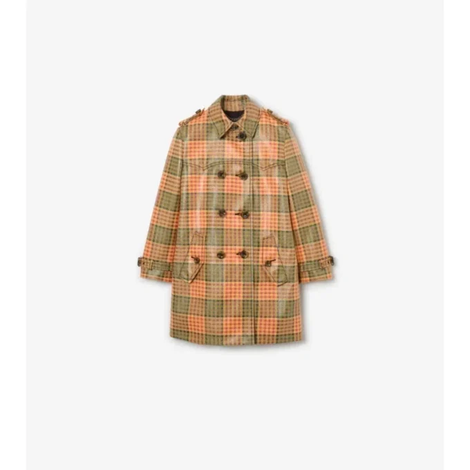 Kurzer, karierter Summerside-Trench Coat mit Raffia-Effekt