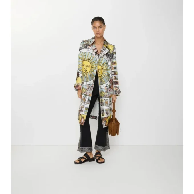 Langer Foxfield-Trench Coat aus Seide mit Tarot-Print