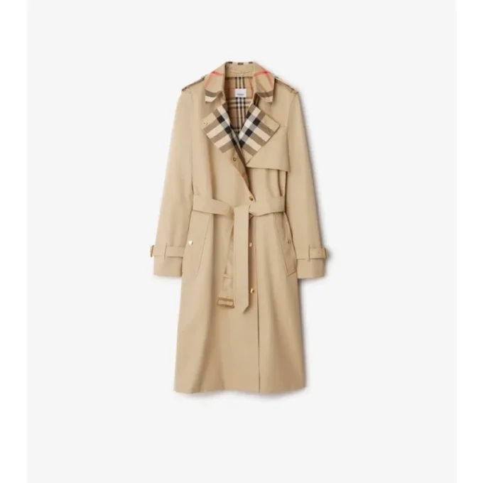 Langer Trench Coat aus Gabardine mit Karomuster und Kragen