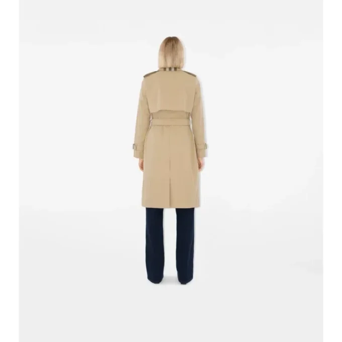 Langer Trench Coat aus Gabardine mit Karomuster und Kragen
