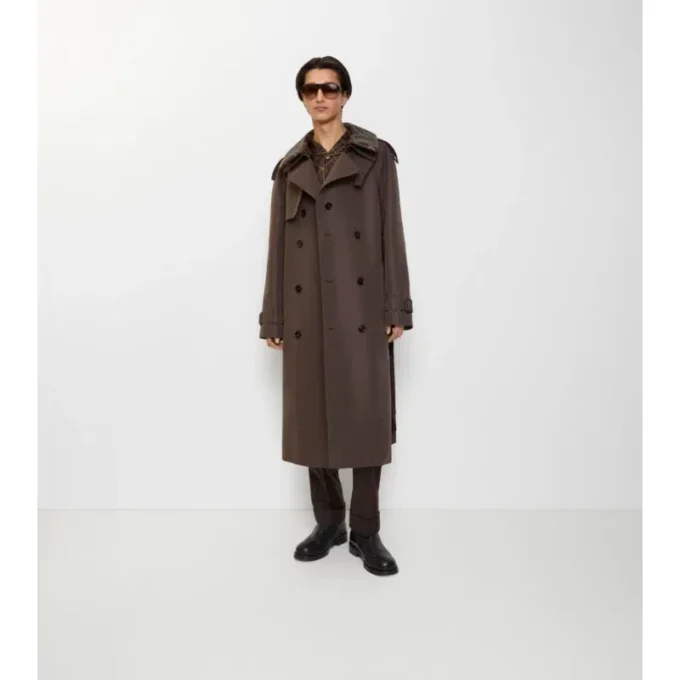 Langer Trench Coat aus Seiden-Baumwollmischung mit Karomuster und Kragen