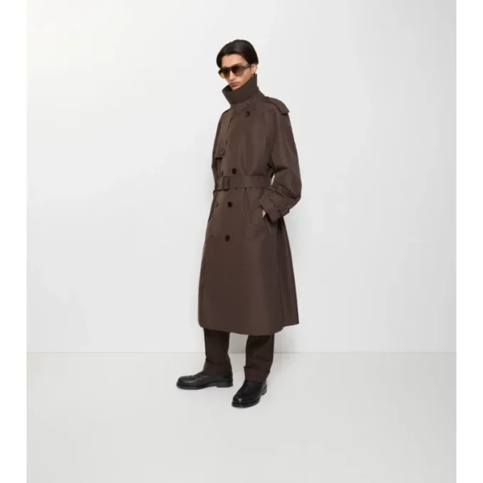 Langer Trench Coat aus Seiden-Baumwollmischung mit Karomuster und Kragen