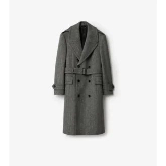 Langer Trench Coat aus Wolle mit Fischgrätenmuster