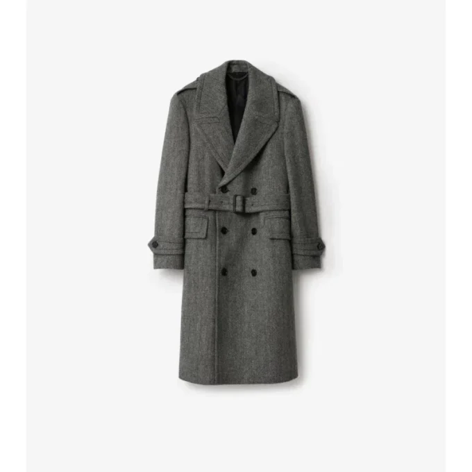 Langer Trench Coat aus Wolle mit Fischgrätenmuster