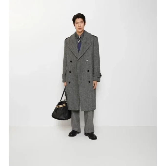 Langer Trench Coat aus Wolle mit Fischgrätenmuster