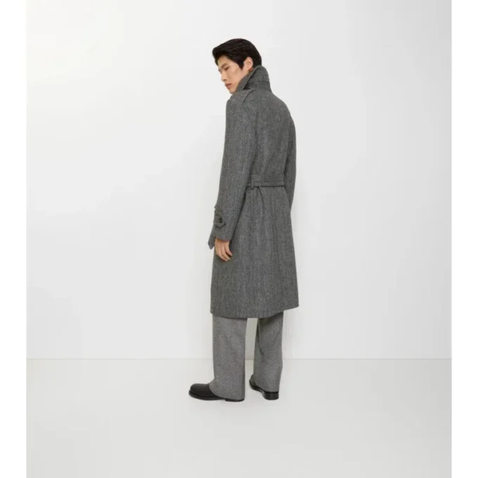 Langer Trench Coat aus Wolle mit Fischgrätenmuster