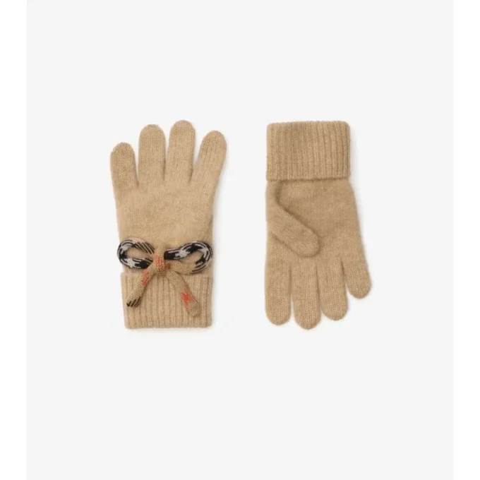 Woll-Kaschmir-Handschuhe mit Karomuster und Schleife